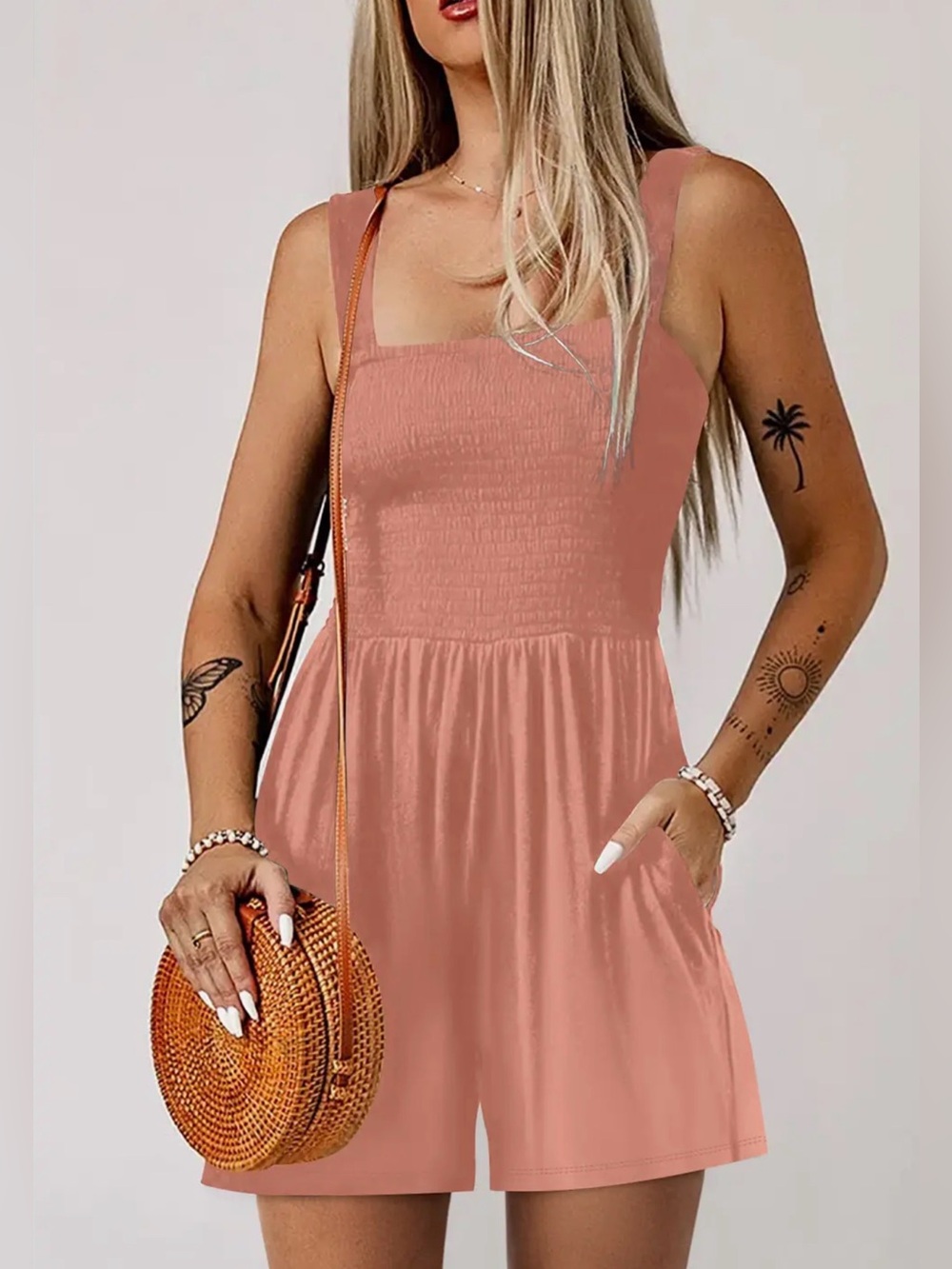 Smocked Square Neck Romper in Dusty Rose